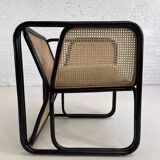 Fauteuil cubique en rotin noir et cannage