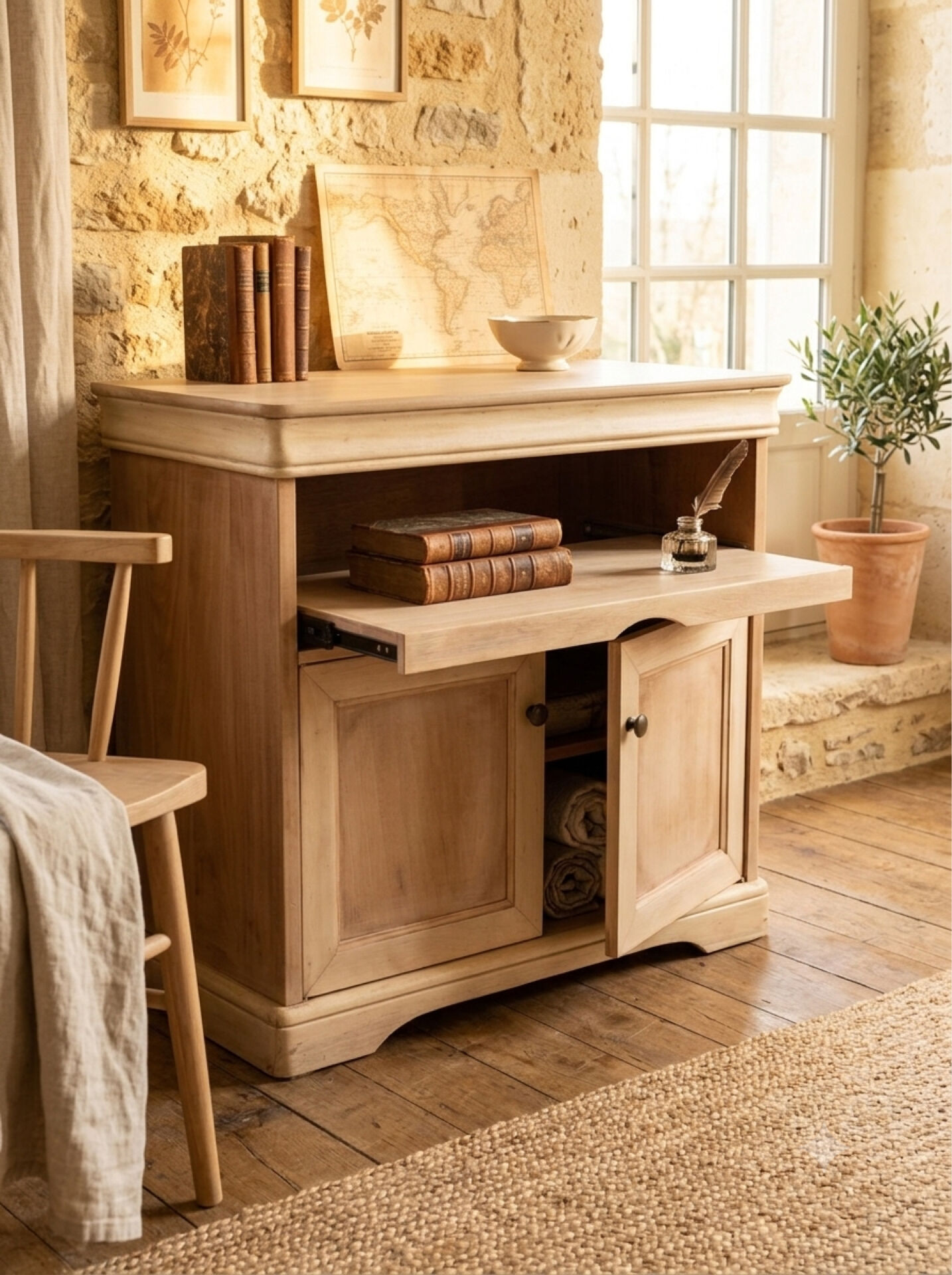 Buffet Louis Philippe 2 portes meuble TV décapé en bois brut