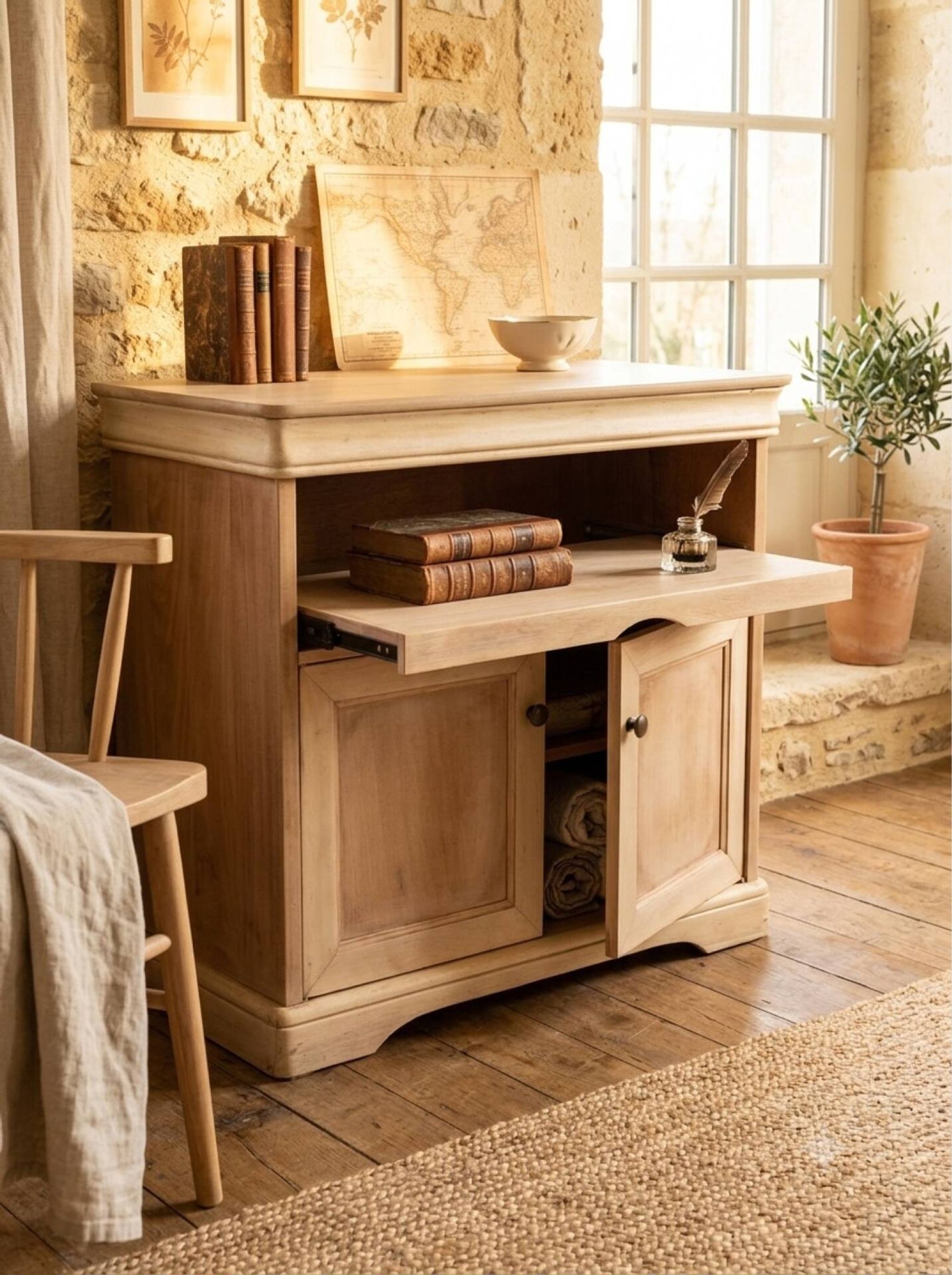 Louis Philippe buffet with 2 doors, stripped raw wood TV unit.