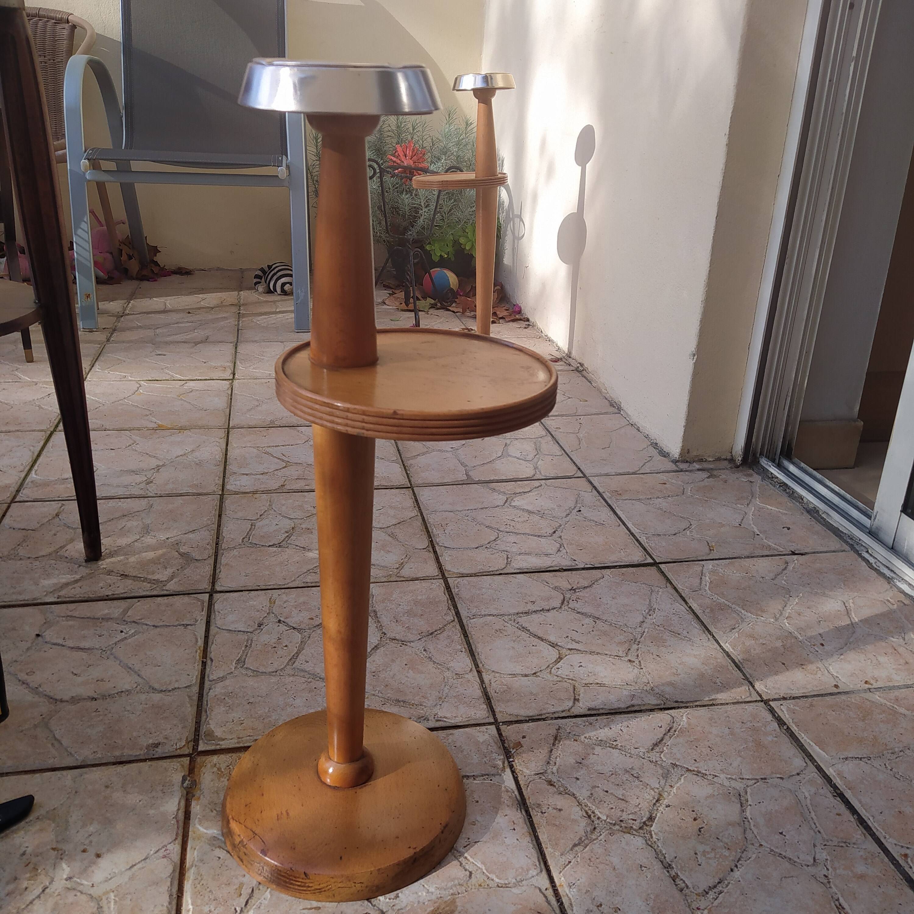 Vintage 1970 wooden pedestal ashtray with shelf
