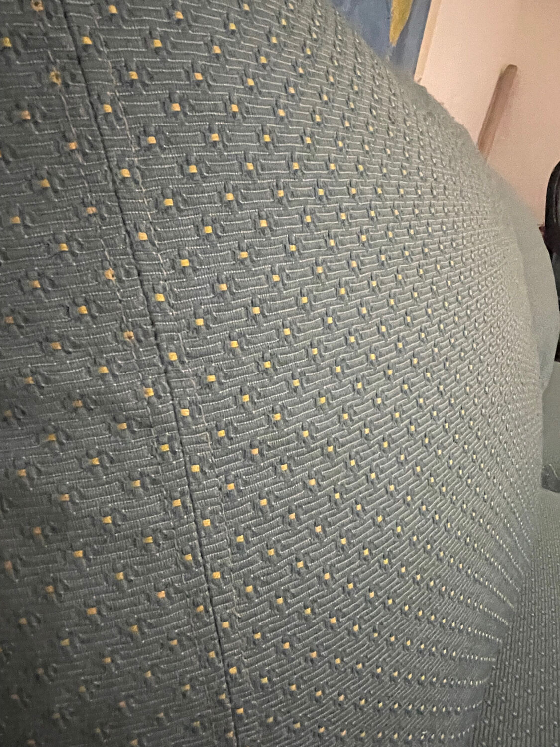 Banquette sofa circa 1970 blue fabric/yellow polka dots