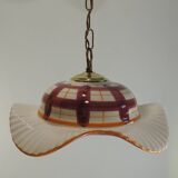 Vintage earthenware pendant light with a burgundy and ochre tartan pattern
