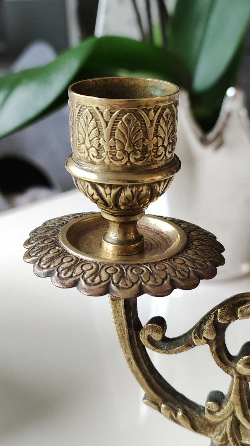 Altar candlestick with 2 branches, napoleon iii style, bronze patina old gold