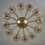 Venetian chandelier in gilded Murano glass highlighted with a red net, Venini circa 1940