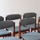 6 Scandinavian chairs in rosewood, with green-grey seats.