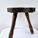 Rare Tabouret De Traite Ancien Tripode Bois Massif Sculpté Art Populaire