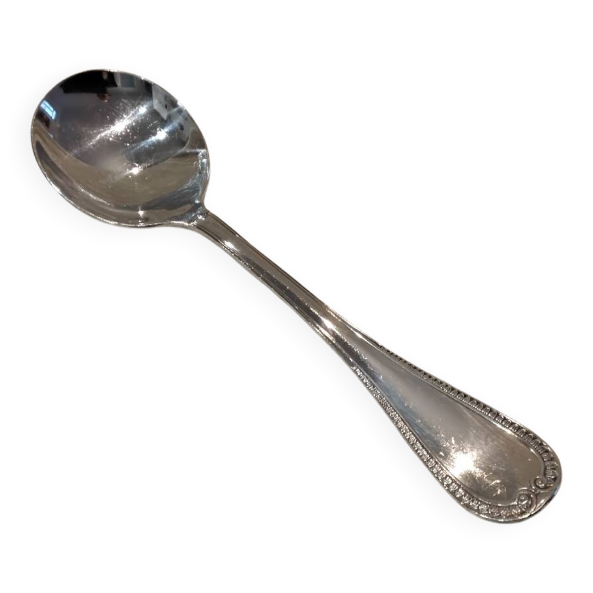 Silver-plated consommé spoon by Christofle Malmaison silversmiths, 16.1cm
