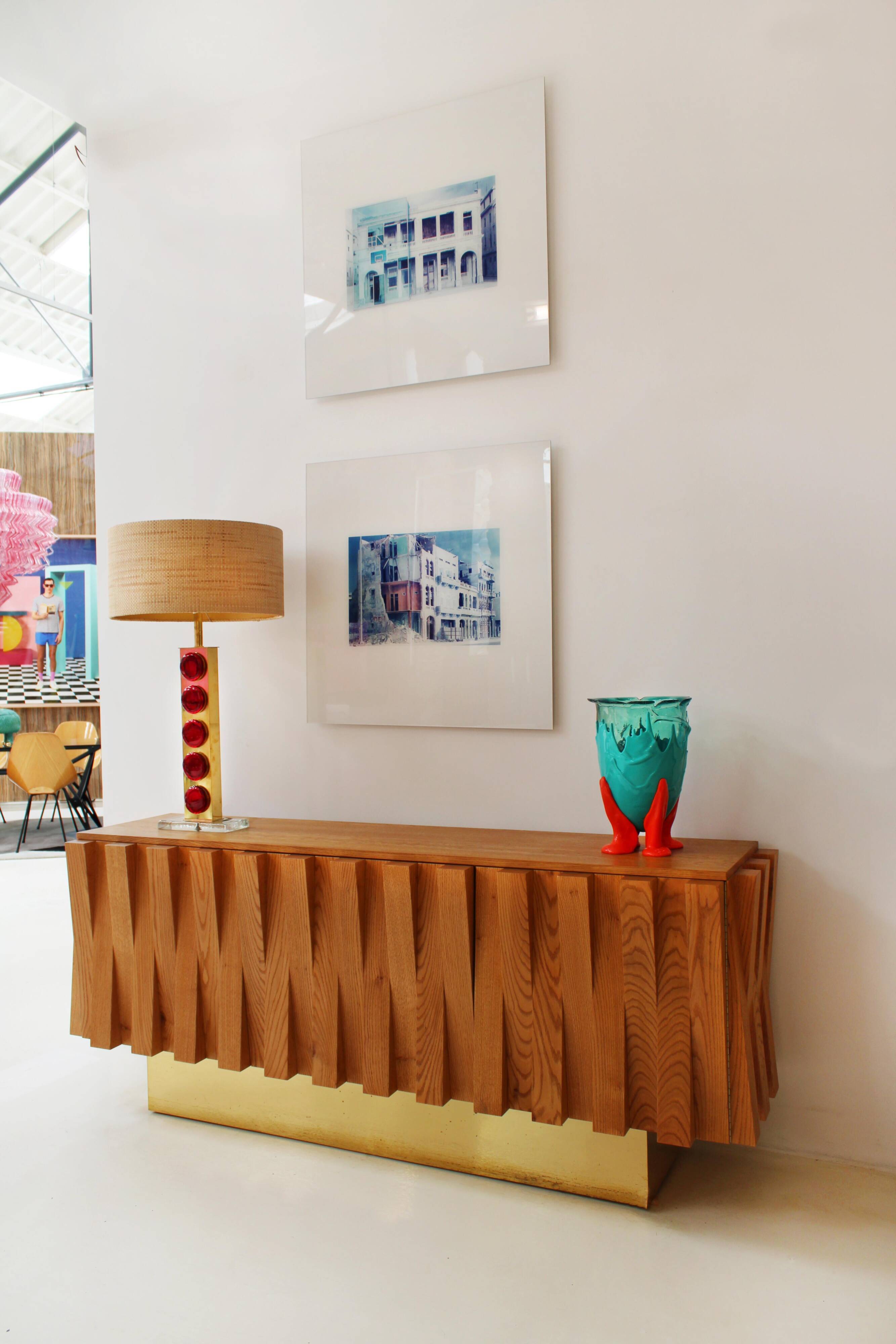 Brutalist Style Cabinet, Italian Faceted Oakwood and Brass Sideboard