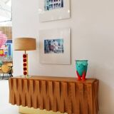 Brutalist Style Cabinet, Italian Faceted Oakwood and Brass Sideboard