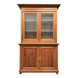 Belgian pitch pine school cupboard with ribbed glass