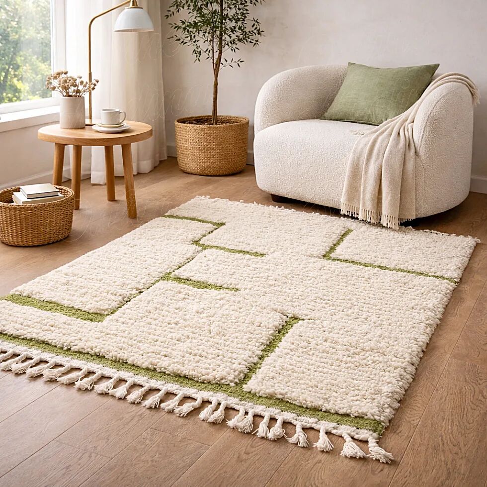 Beige Berber rug with a structured green abstract pattern.