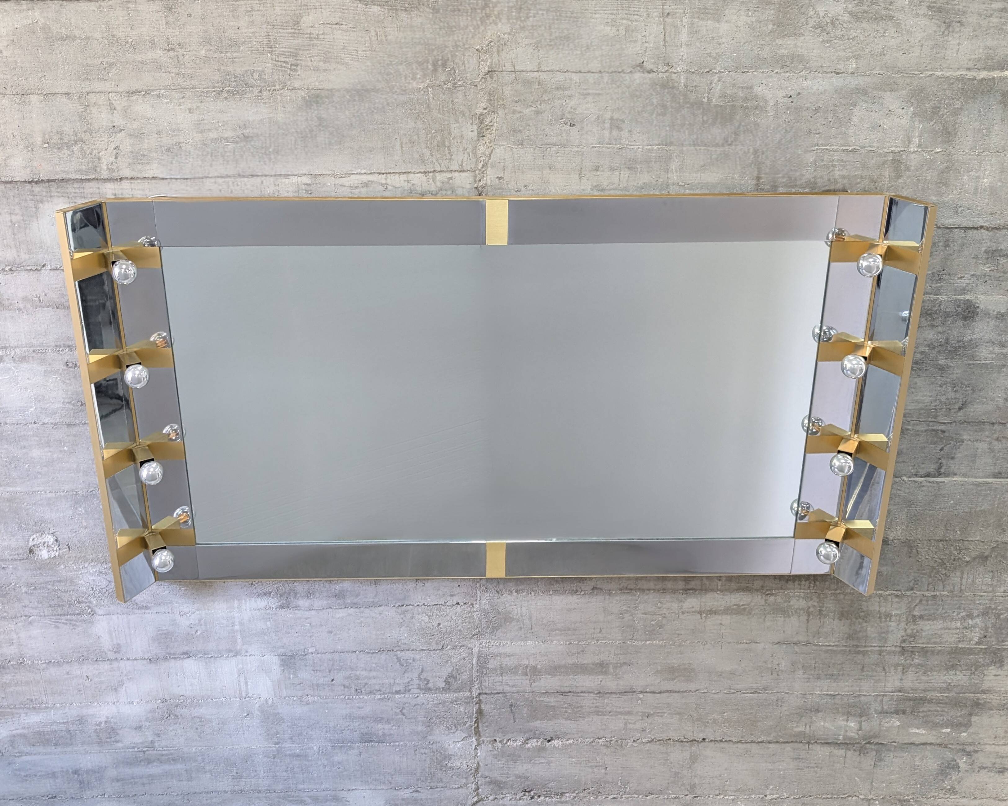 Illuminated dressing room mirror by Gaetano Sciolari in chrome and brass, Italy, 1970s