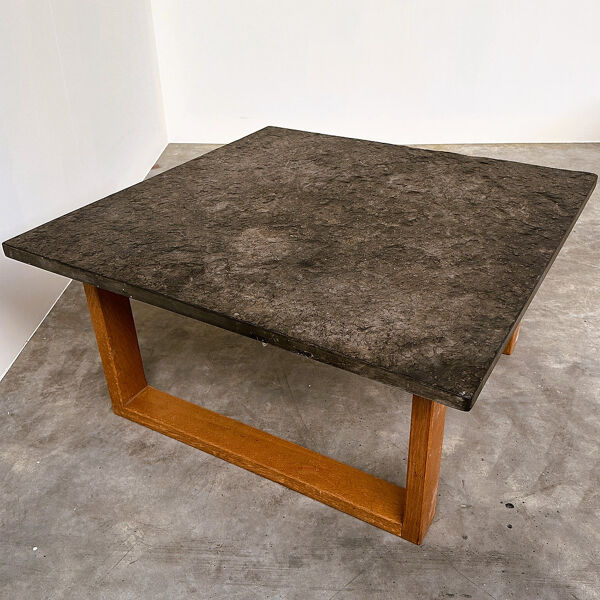 Table basse vintage en ardoise belge et chêne, années 1970