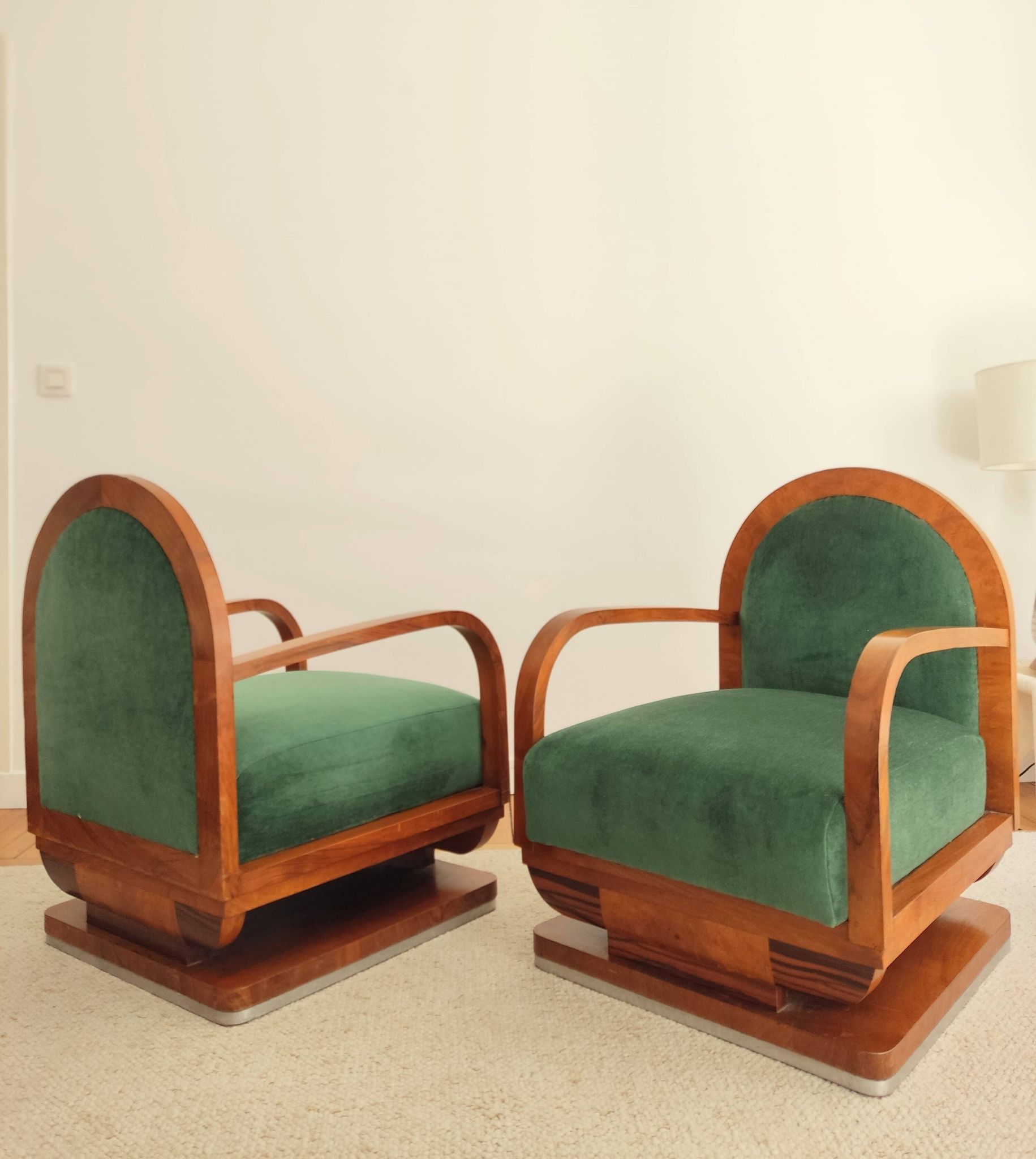 Pair of art deco armchairs - green mohair velvet