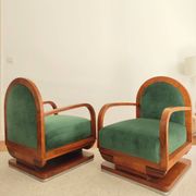 Pair of art deco armchairs - green mohair velvet