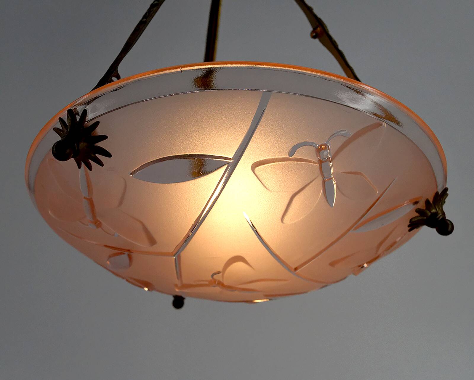 Bronze and glass pendant light with butterfly decoration, Degué, France, 1930