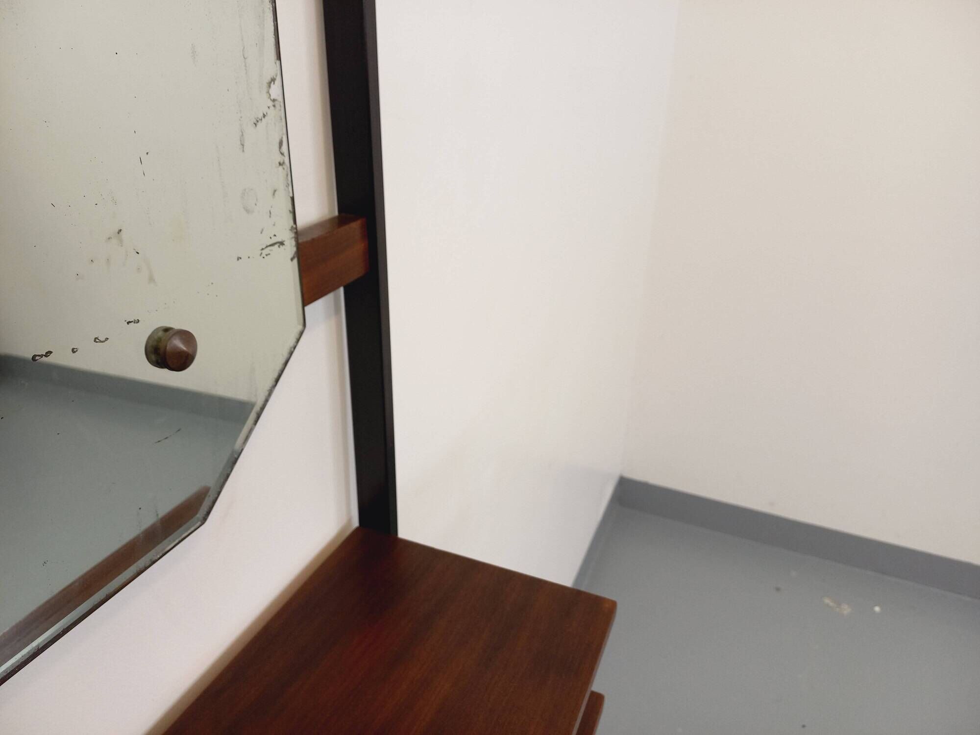 Vintage Italian hall cabinet with mirror and teak shelves