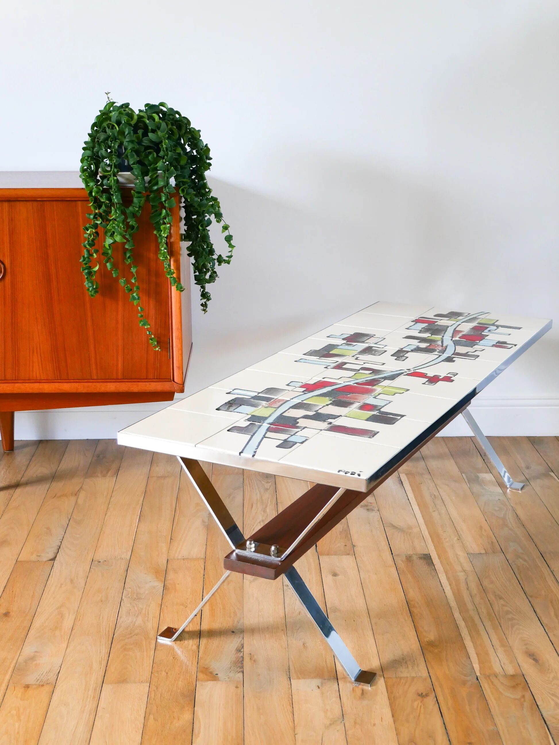 Ceramic coffee table, chrome and teak legs, Space Age, signed, 1970.