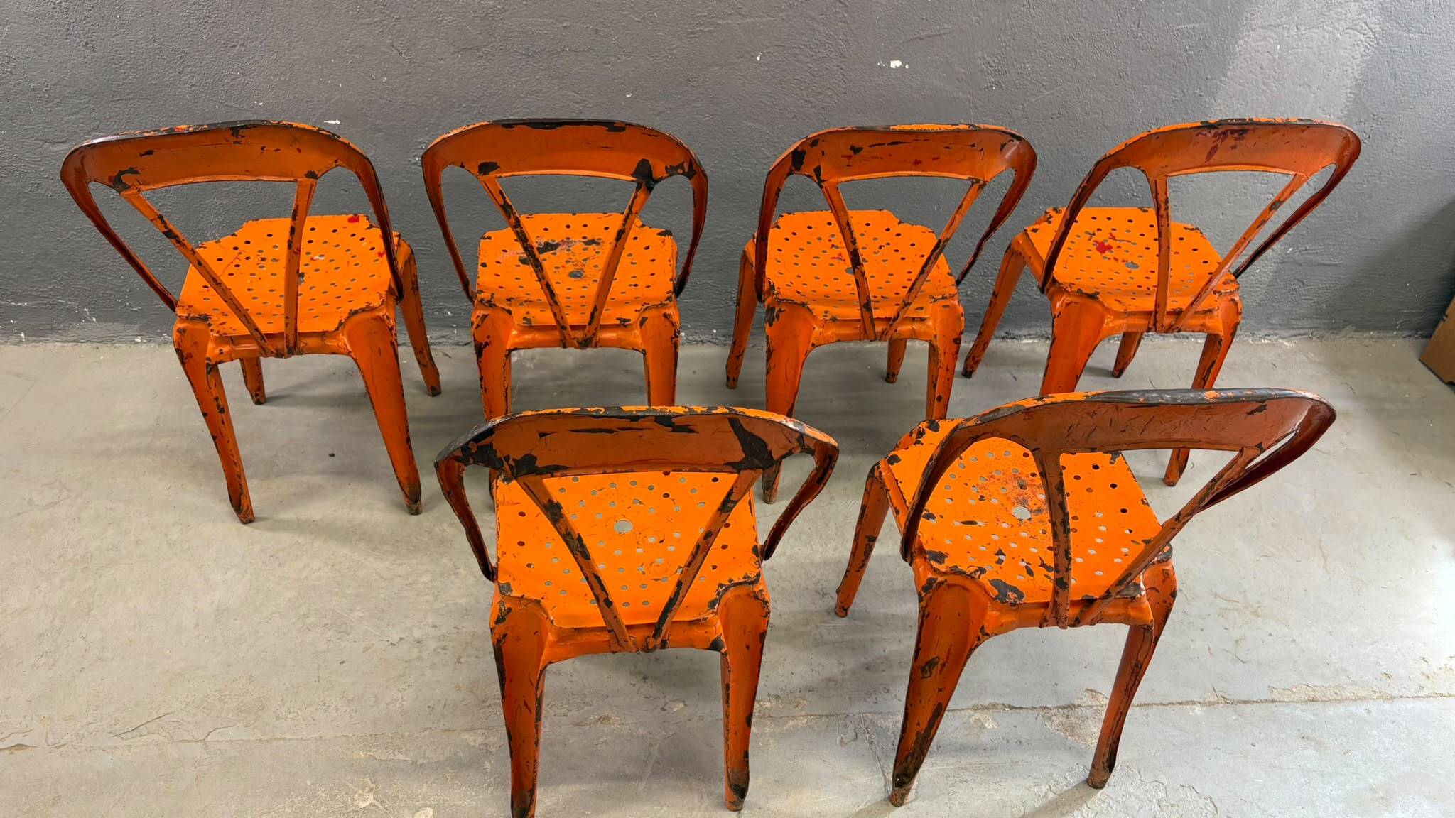 Set of 6 industrial metal dining chairs by Joseph Mathieu, painted steel, 1920s, France