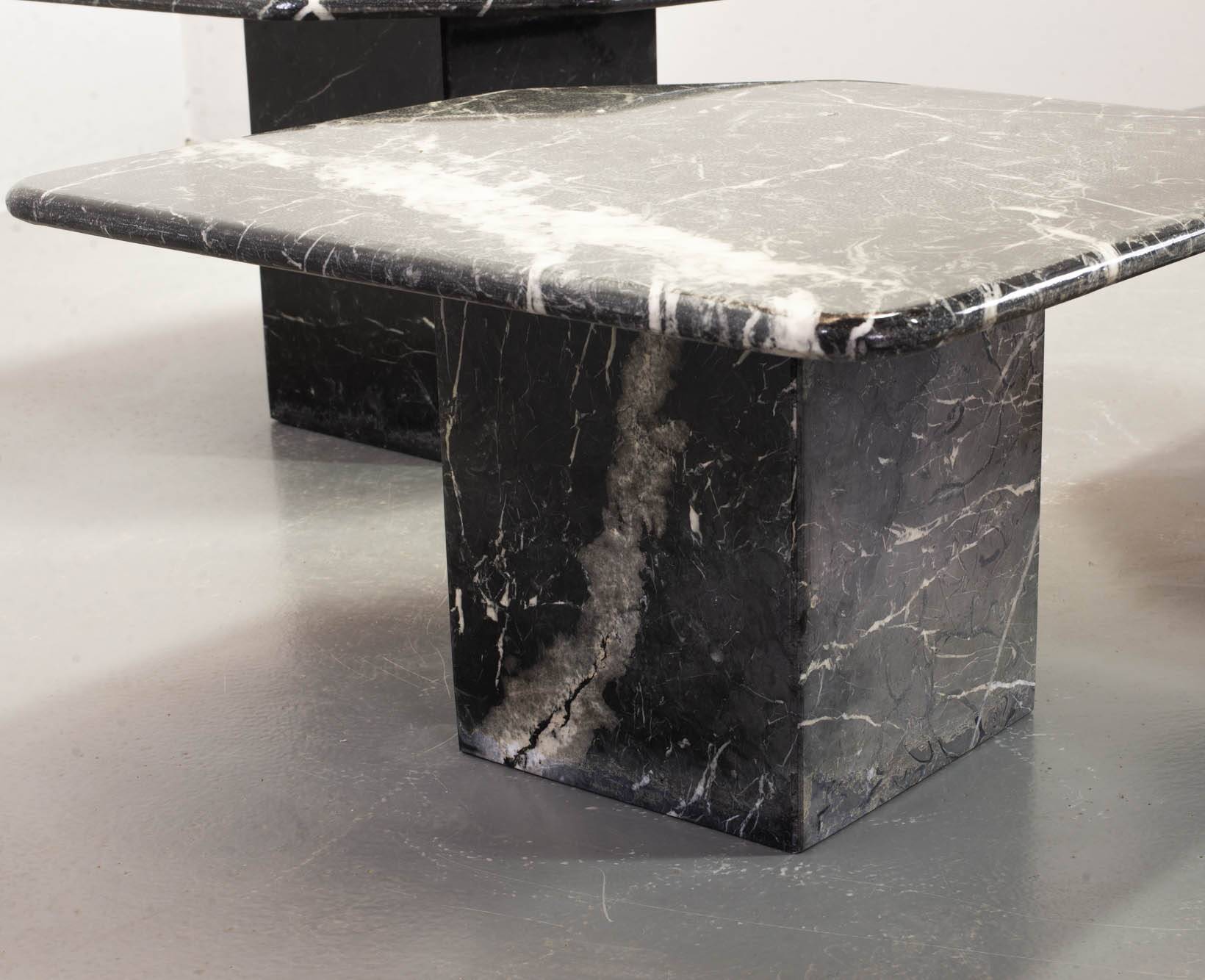 Italian Trio of Black Carrara Marble Side Tables with Oblique Angle, 1970s.