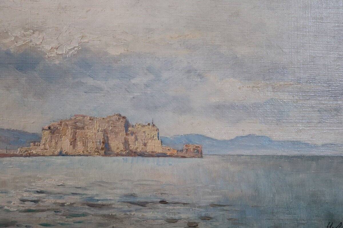 View of the Gulf of Naples, oil painting on board, Italy early 20th century, signed