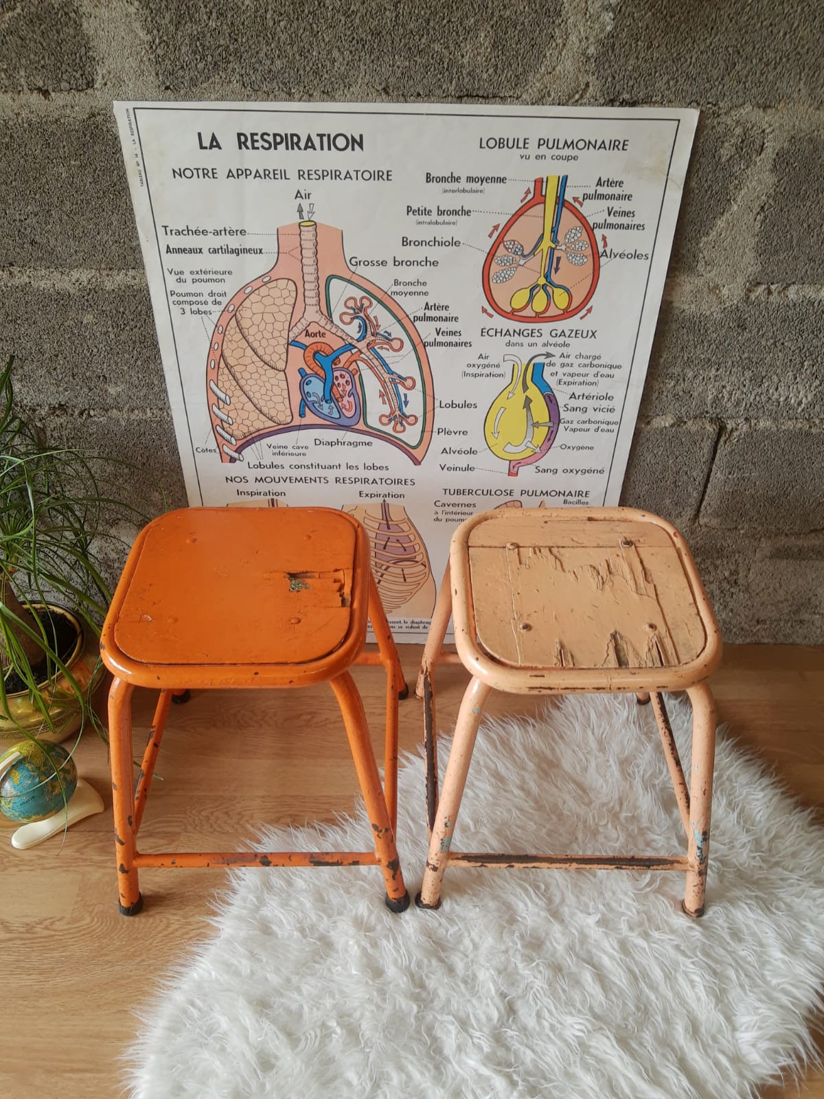 Pair of low metal stools industrial workshop - vintage