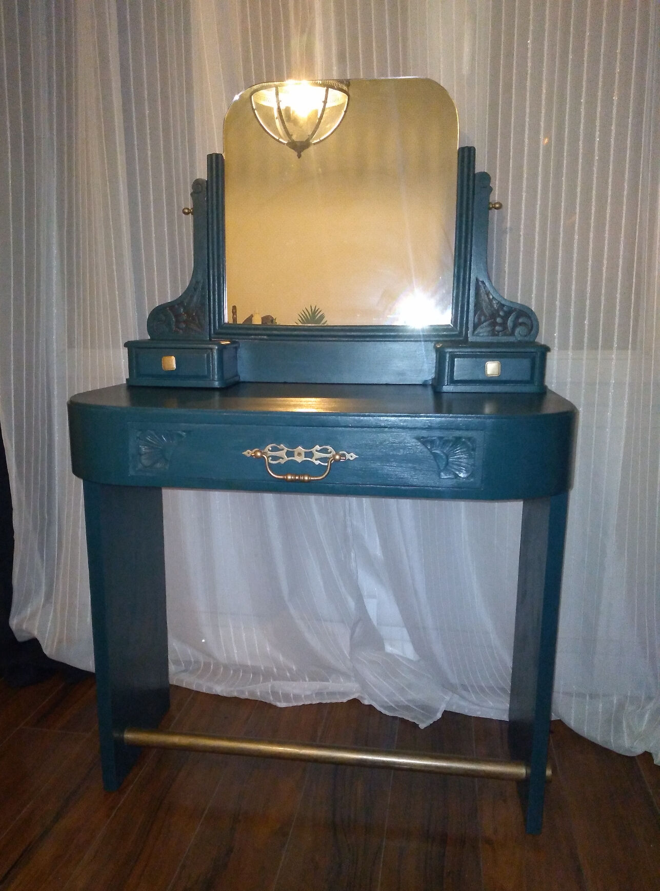 Blue art deco dressing table, swivel mirror