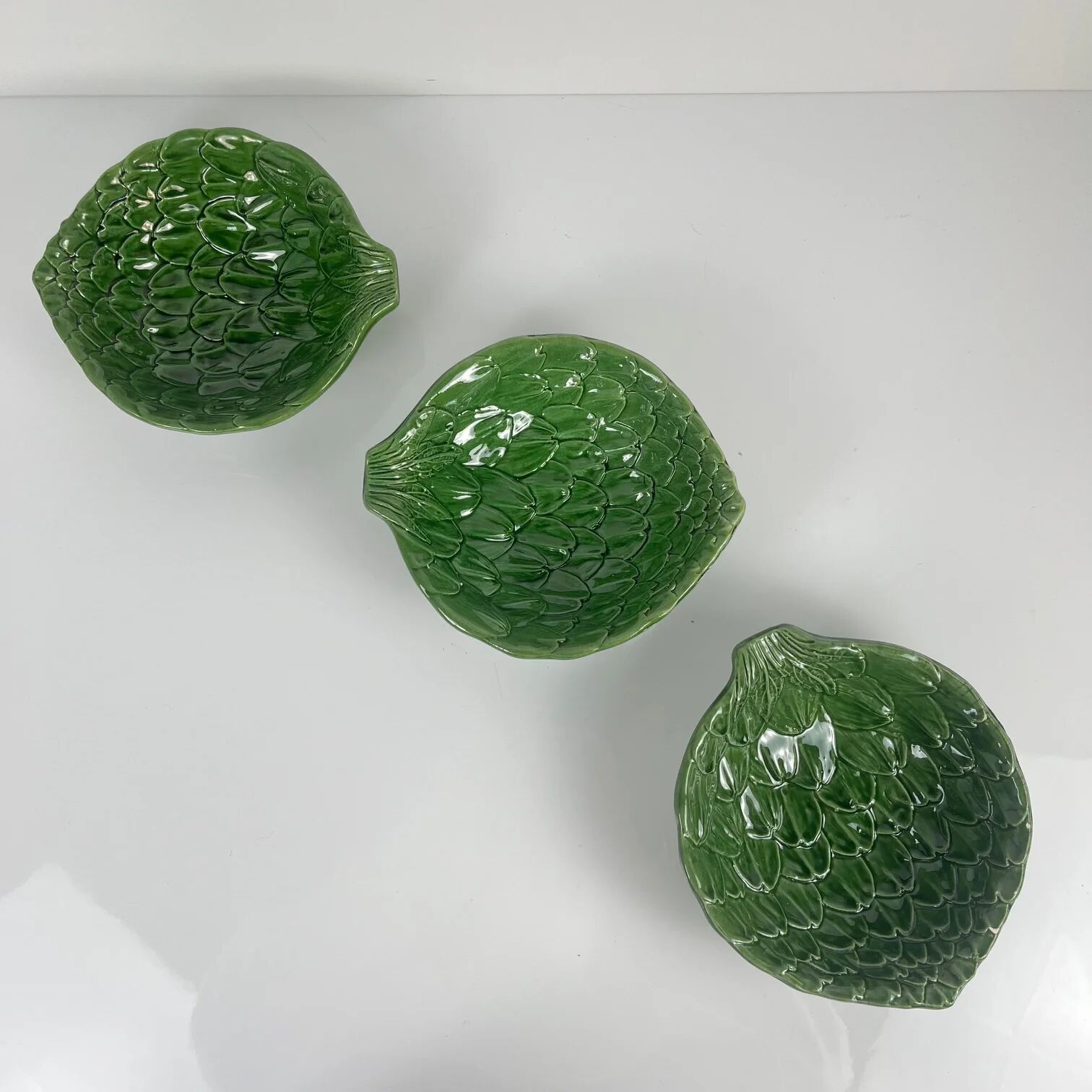 Set of 3 green leaf artichoke barbotine bowls vintage 70s