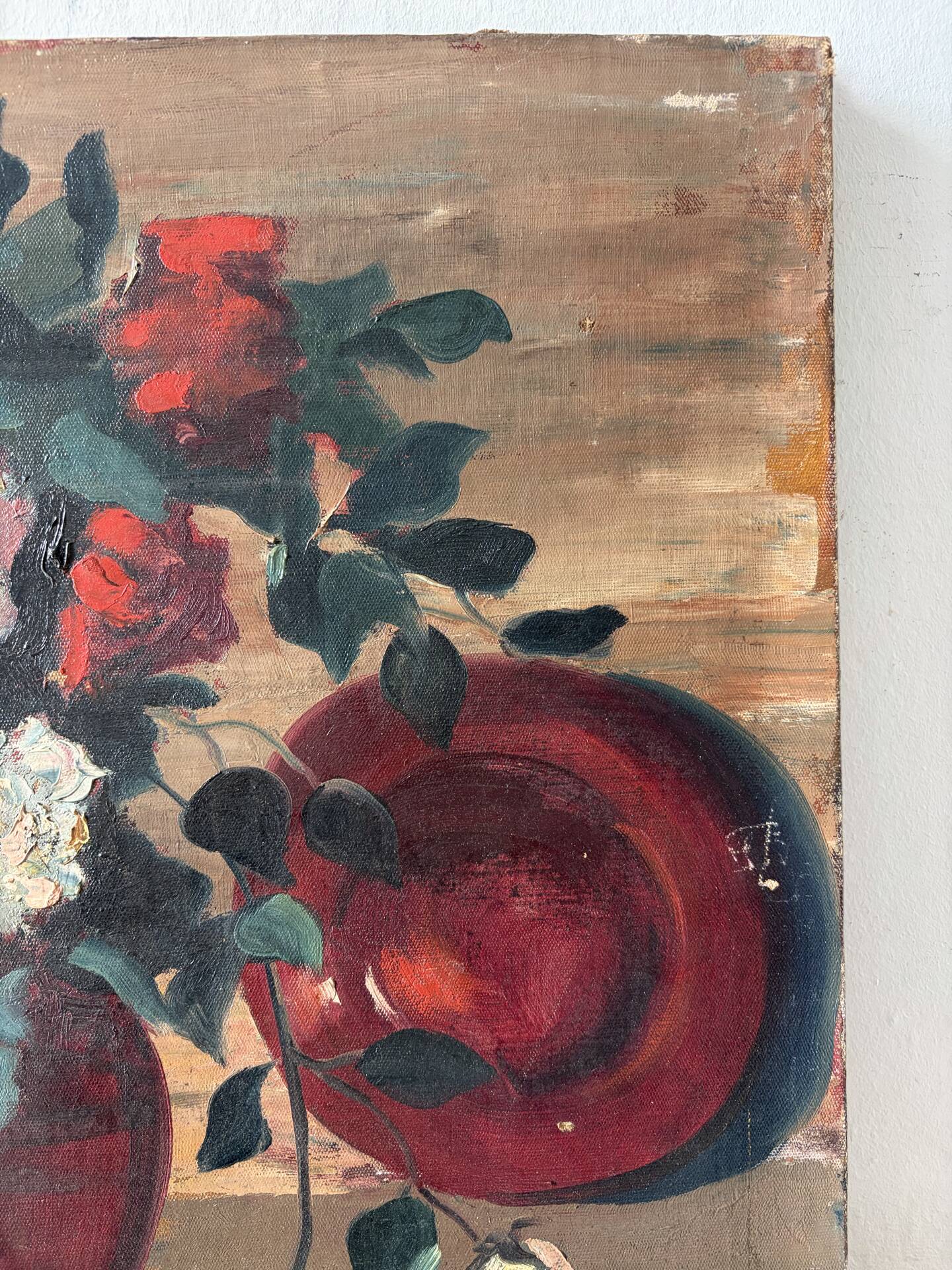 Bouquet of flowers in a red vase, early 20th century, oil on canvas signed.