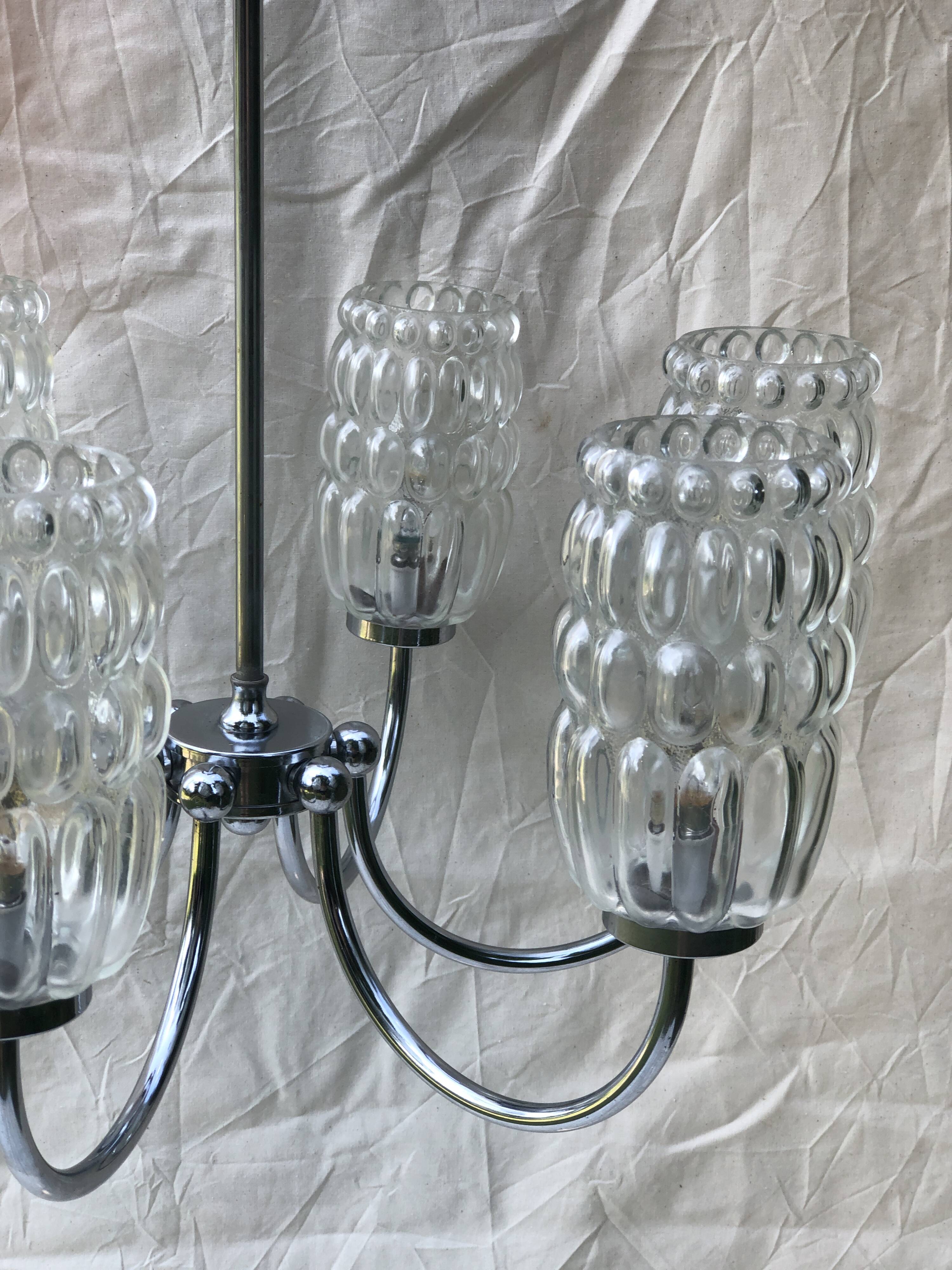 6-branched chrome chandelier & glass lampshades