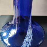 Long flared neck ball vase. Smoked scrolls in cobalt blue art glass, 30cm