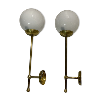 Italian Brass Opaline Glass Wall Lights, Set of 2