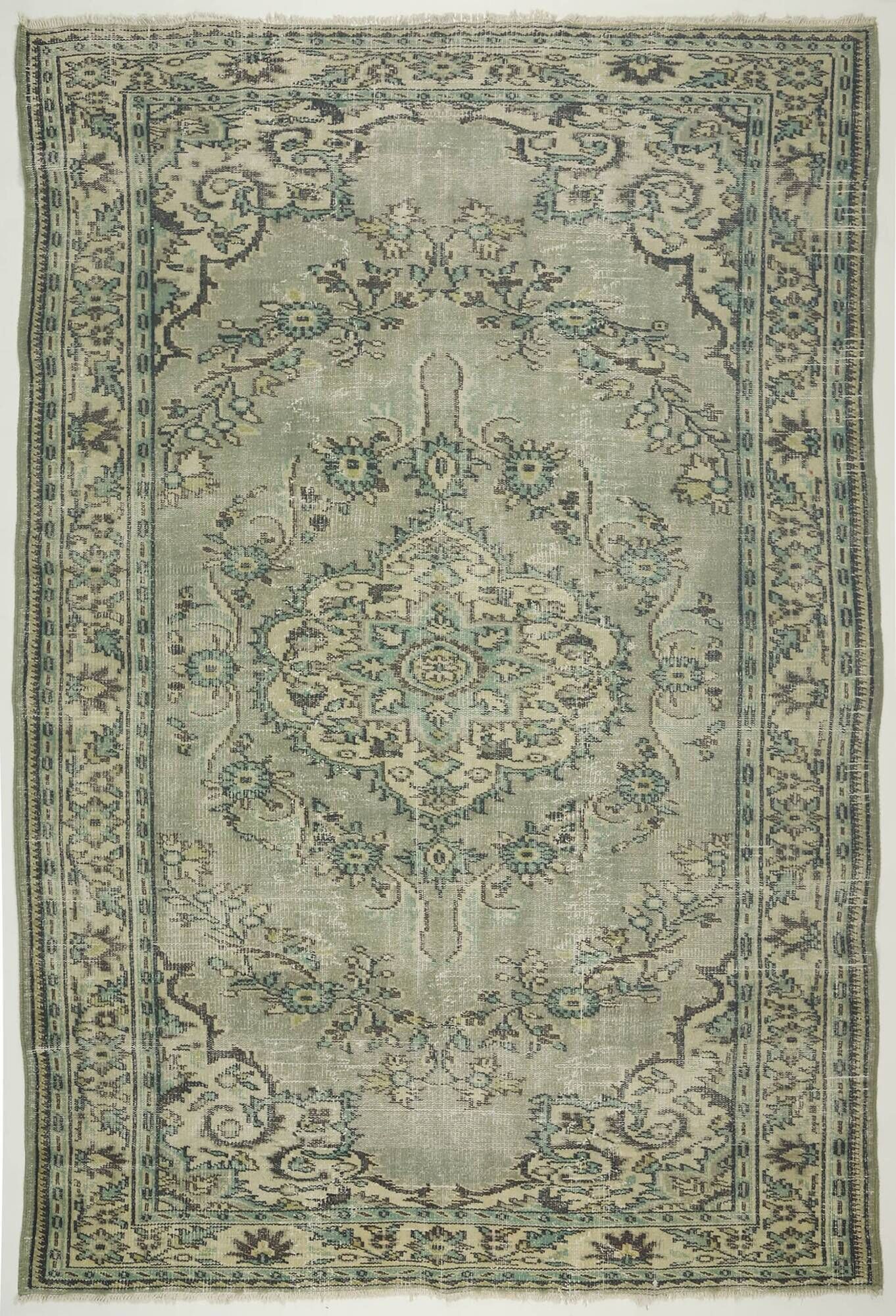 Vintage Turkish Rug Sage Green with Medallion 287 x 193 cm