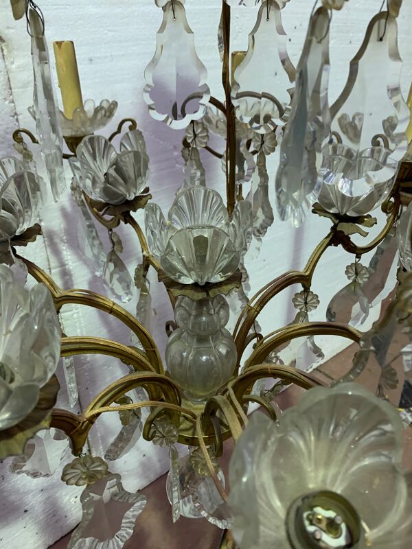 Lustre cage a seize lumières pampilles et coupelles de cristal xix siècle