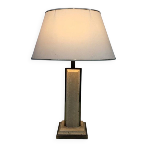 Lampe de Table en Travertin et Chrome Doré, Travail Français, vers 1970 — Beyit