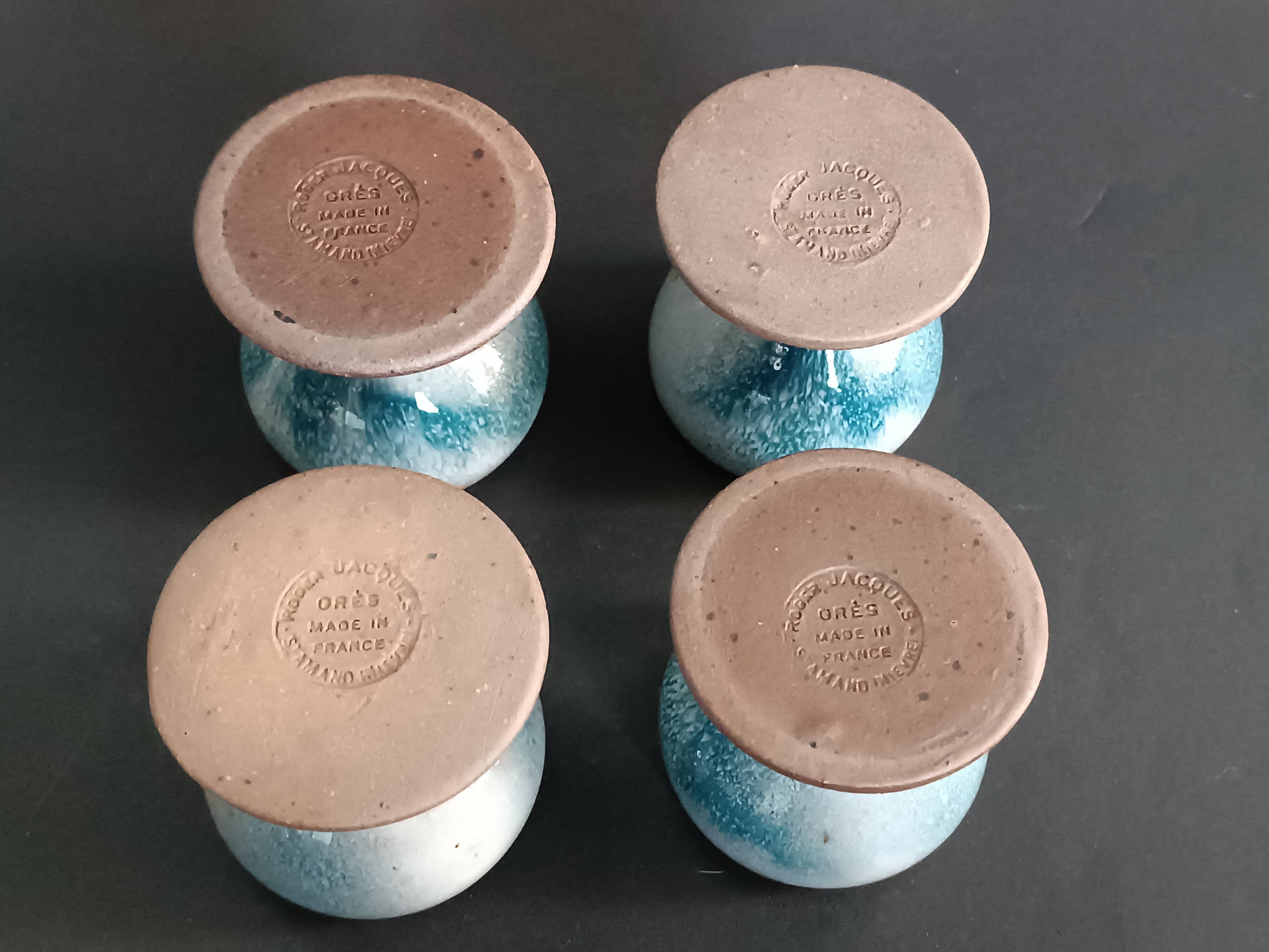 Four stoneware egg cups from Saint Amand pottery by Roger Jacques, vintage.