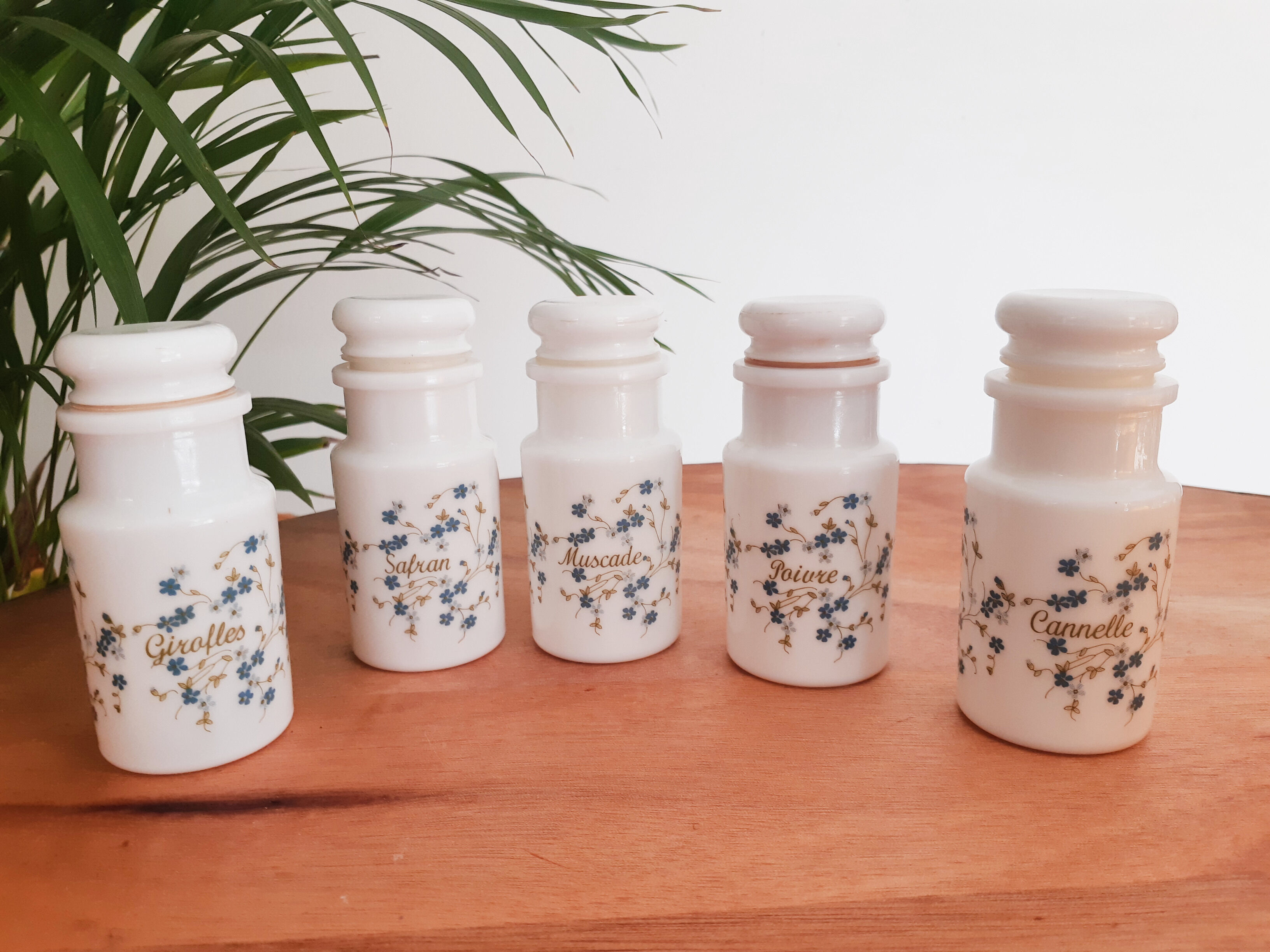 Pots à épices Opaline Blanc Et Bleu - Vintage - Hermétique - Lot