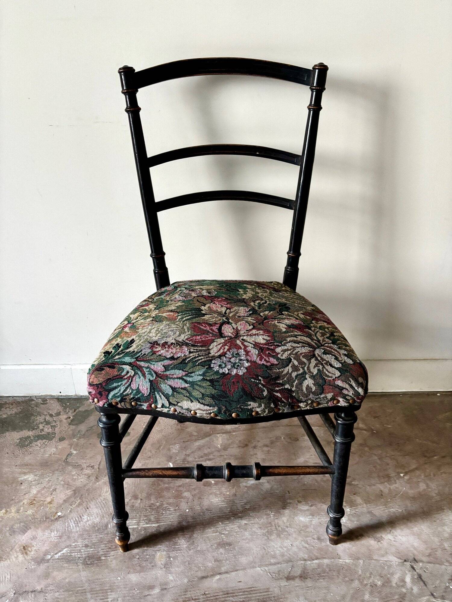 Napoleon III chair in black wood and floral jacquard