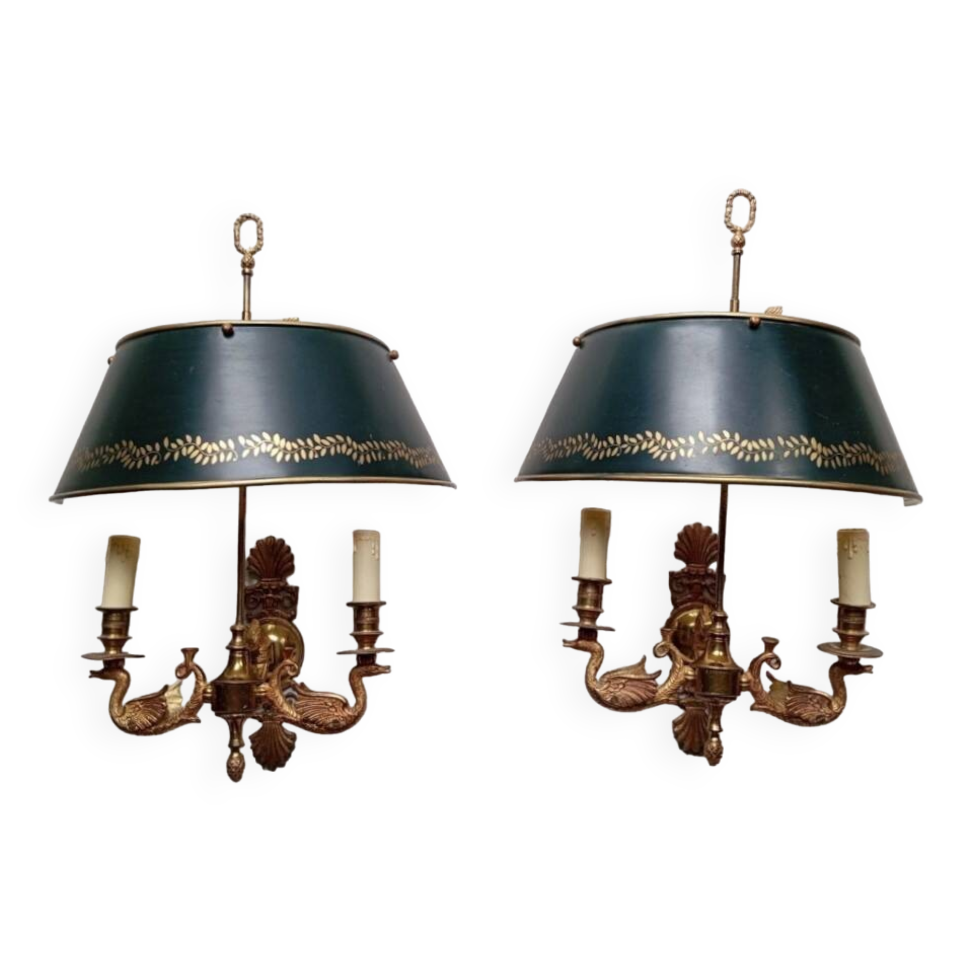 Pair of bronze and sheet metal hot water bottle wall lights