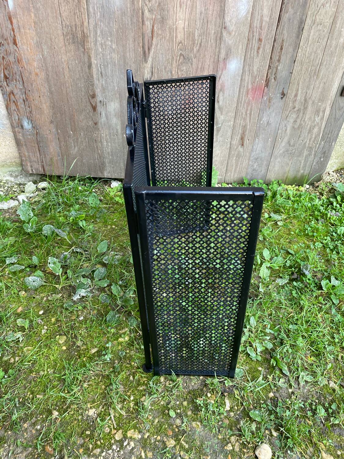 Fireplace screen black metal perforated sheet 3 vintage leaves