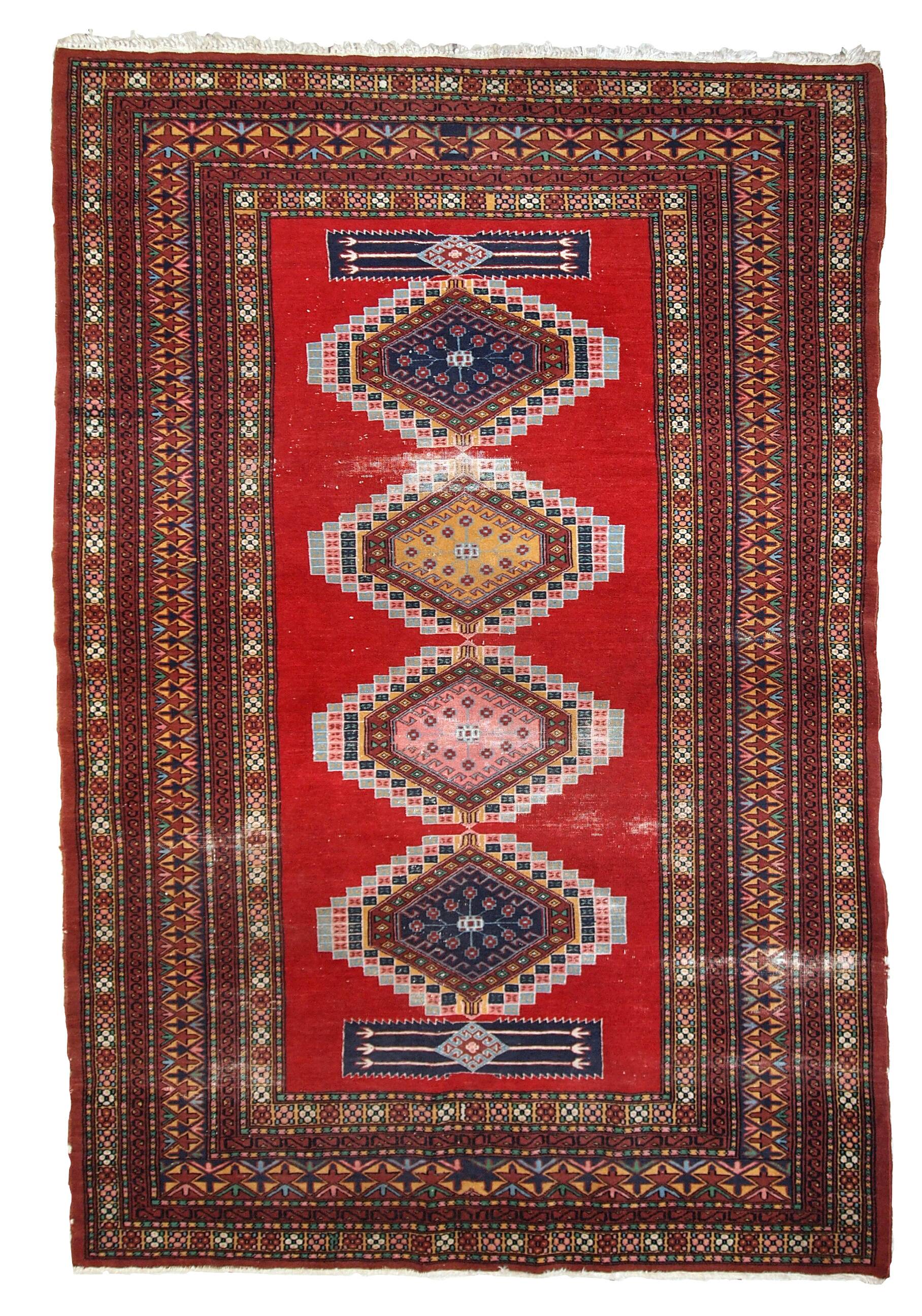 Tapis vintage fait main Bukhara ouzbek 128cm x 199cm (1960s)