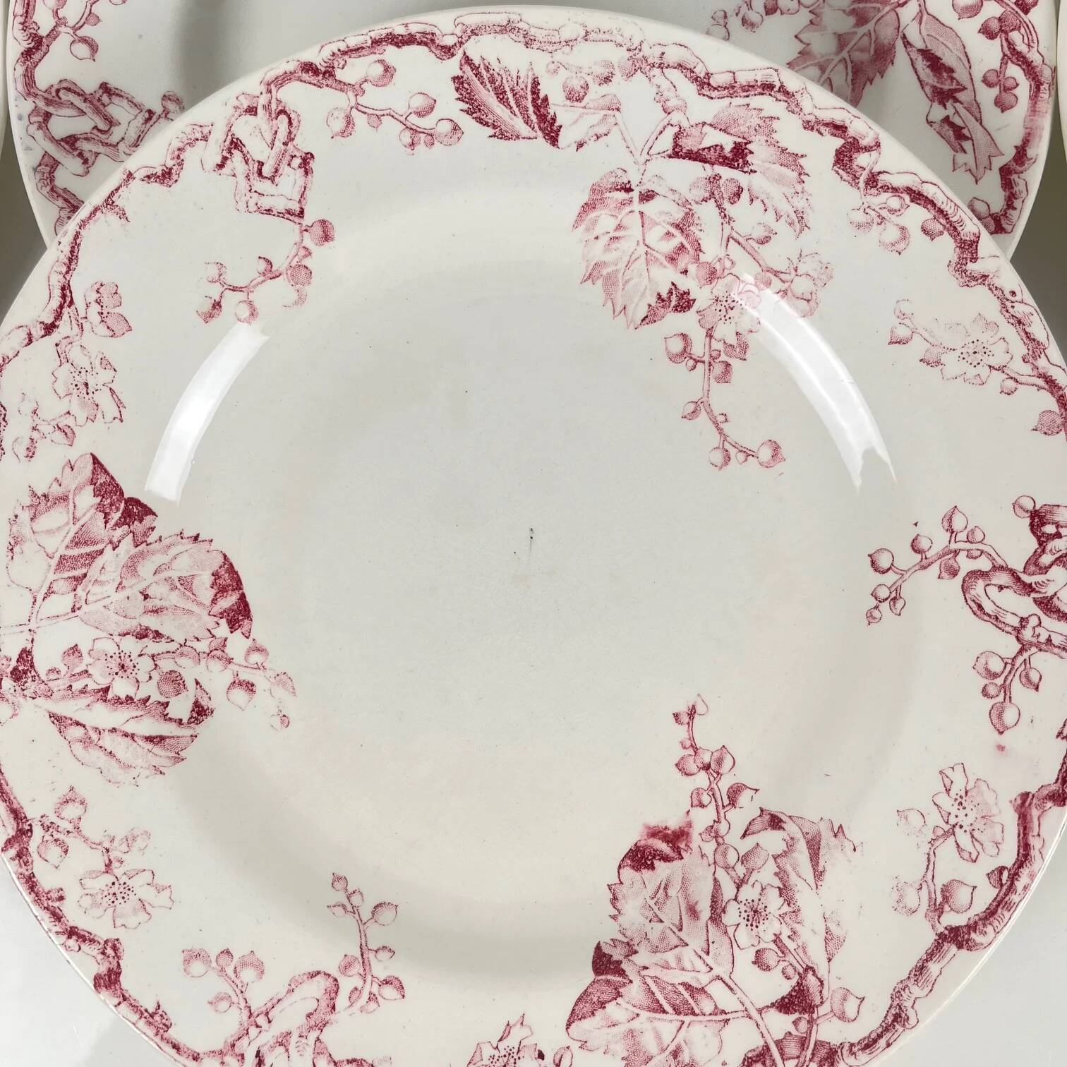 Set of 6 flat plates KG Lunéville Terre de fer, "Fontainebleau", pink, 19th century