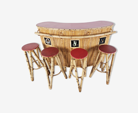 Bar tiki en bambou bar et ses 4 tabouret, années 1960
