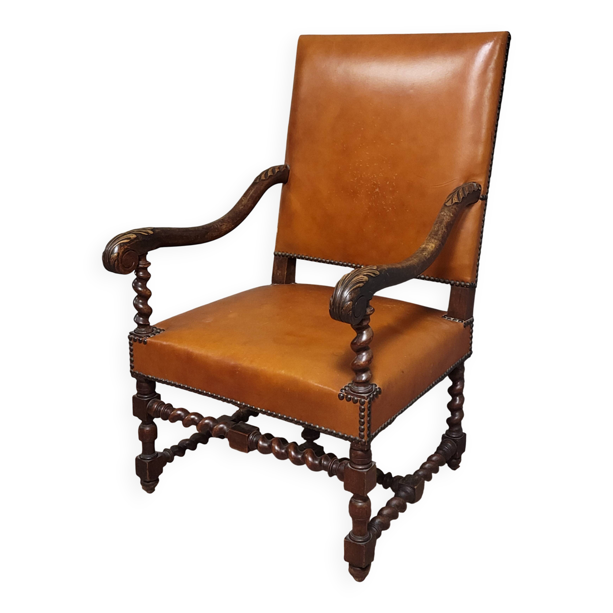 Important antique Louis XIII style office chair, 19th century
