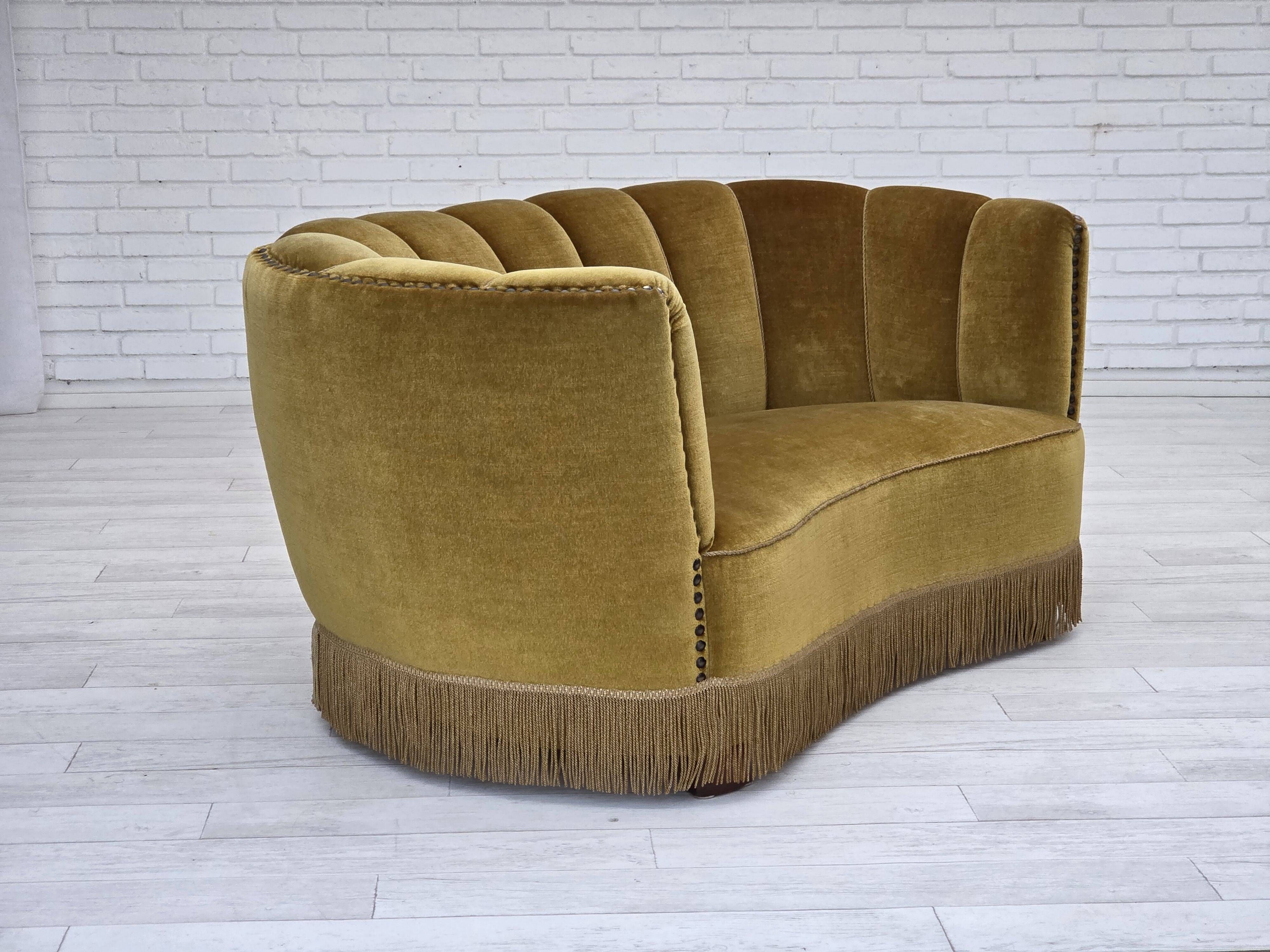 1960s, Danish 2-seater "Banan" sofa, green furniture velour, oak wood.