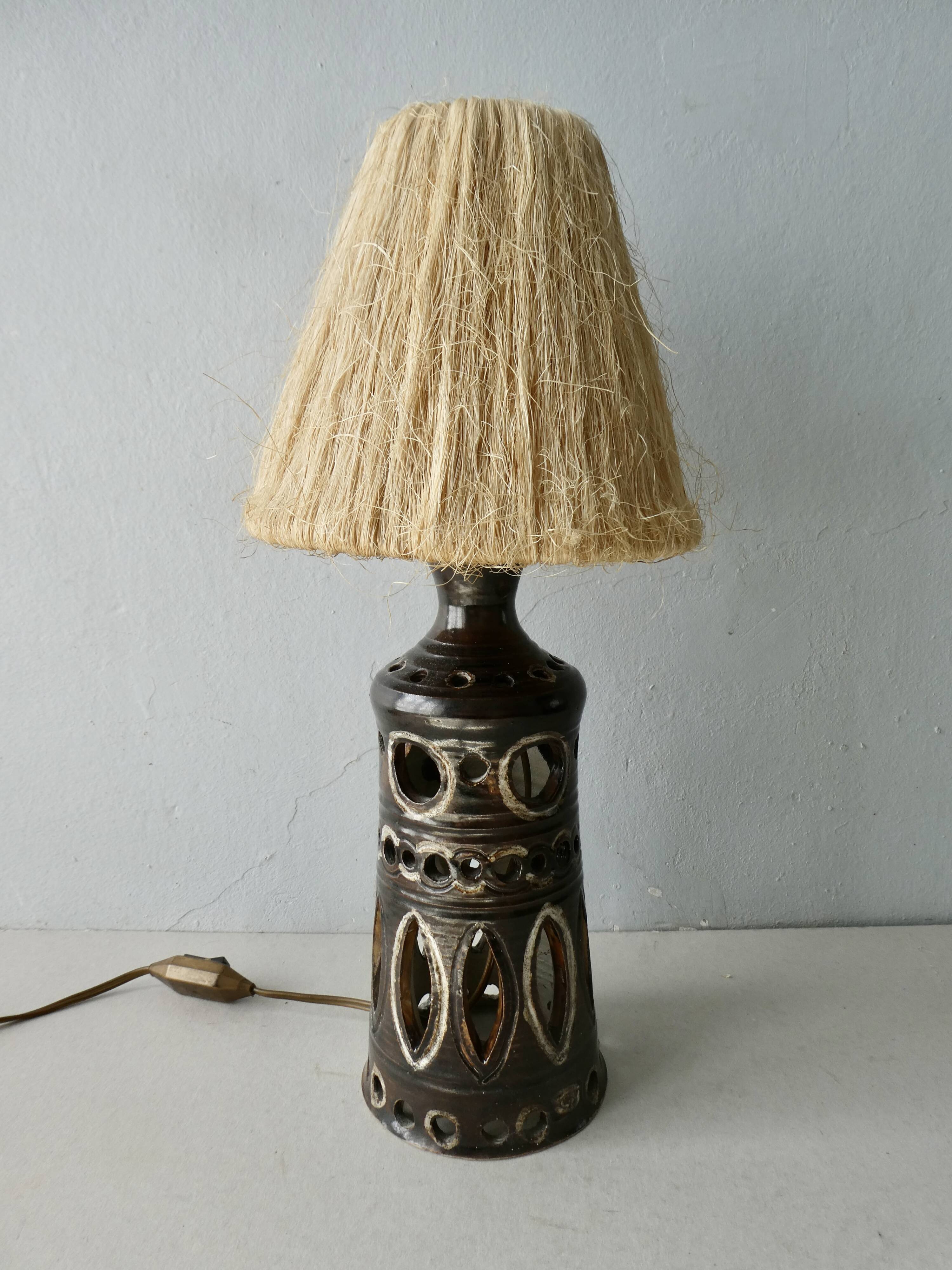 Openwork ceramic lamp and rope lampshade, 1960s
