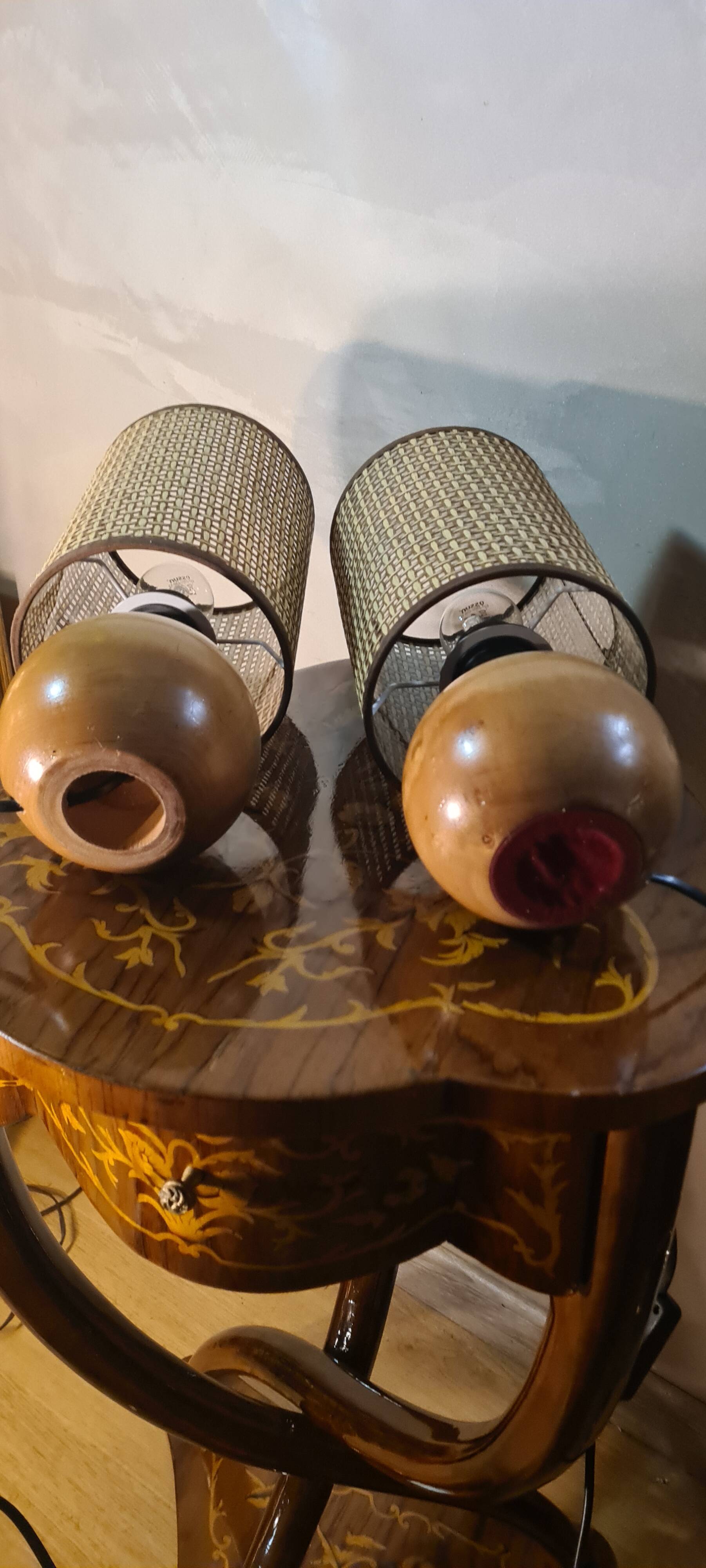 pair of Scandinavian wooden ball bedside lamps elec ok 32x14