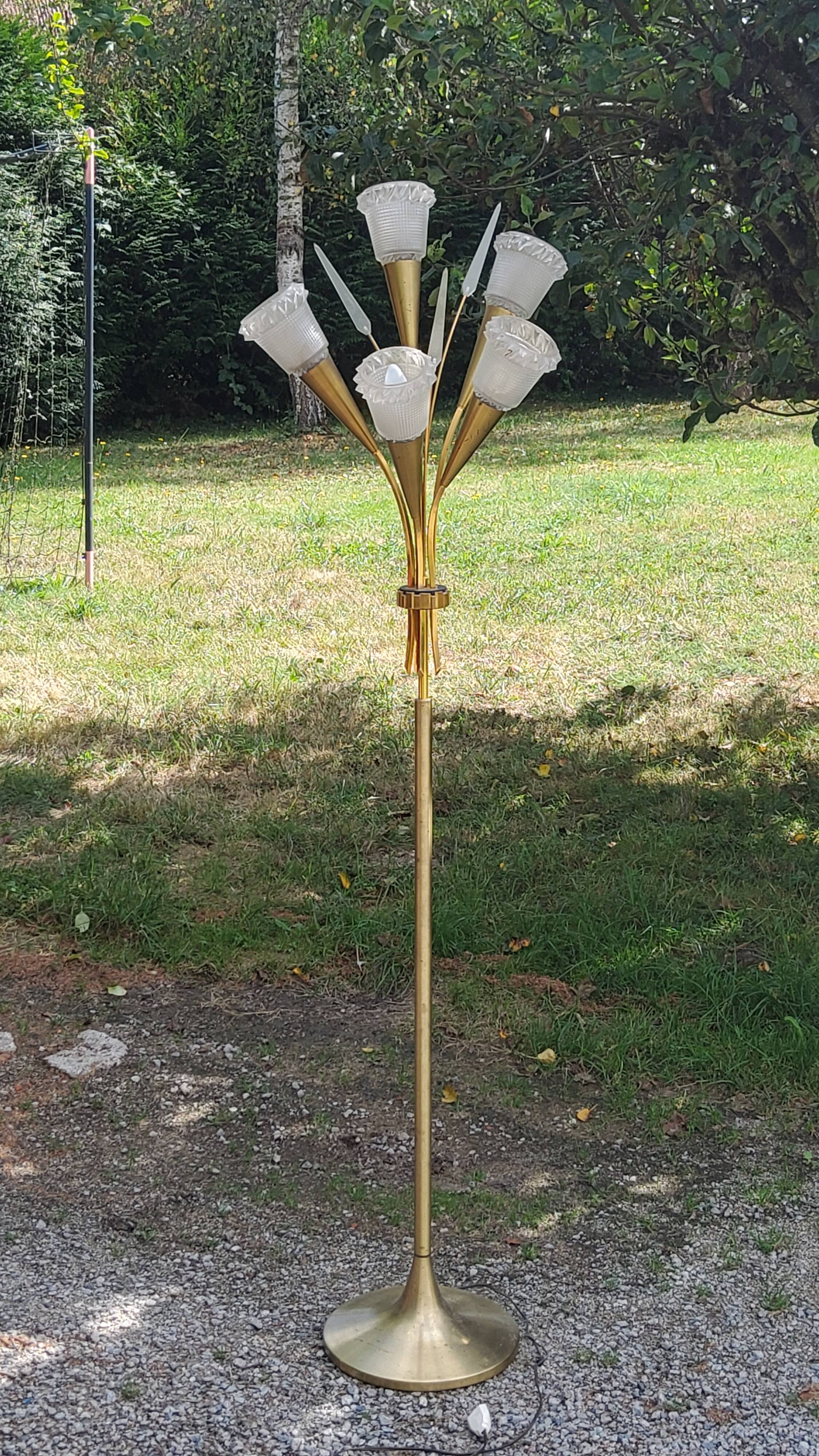 Vintage floor lamp in gilded brass with 5 glass tulips from the 50s