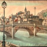 City scene with a bridge painting
