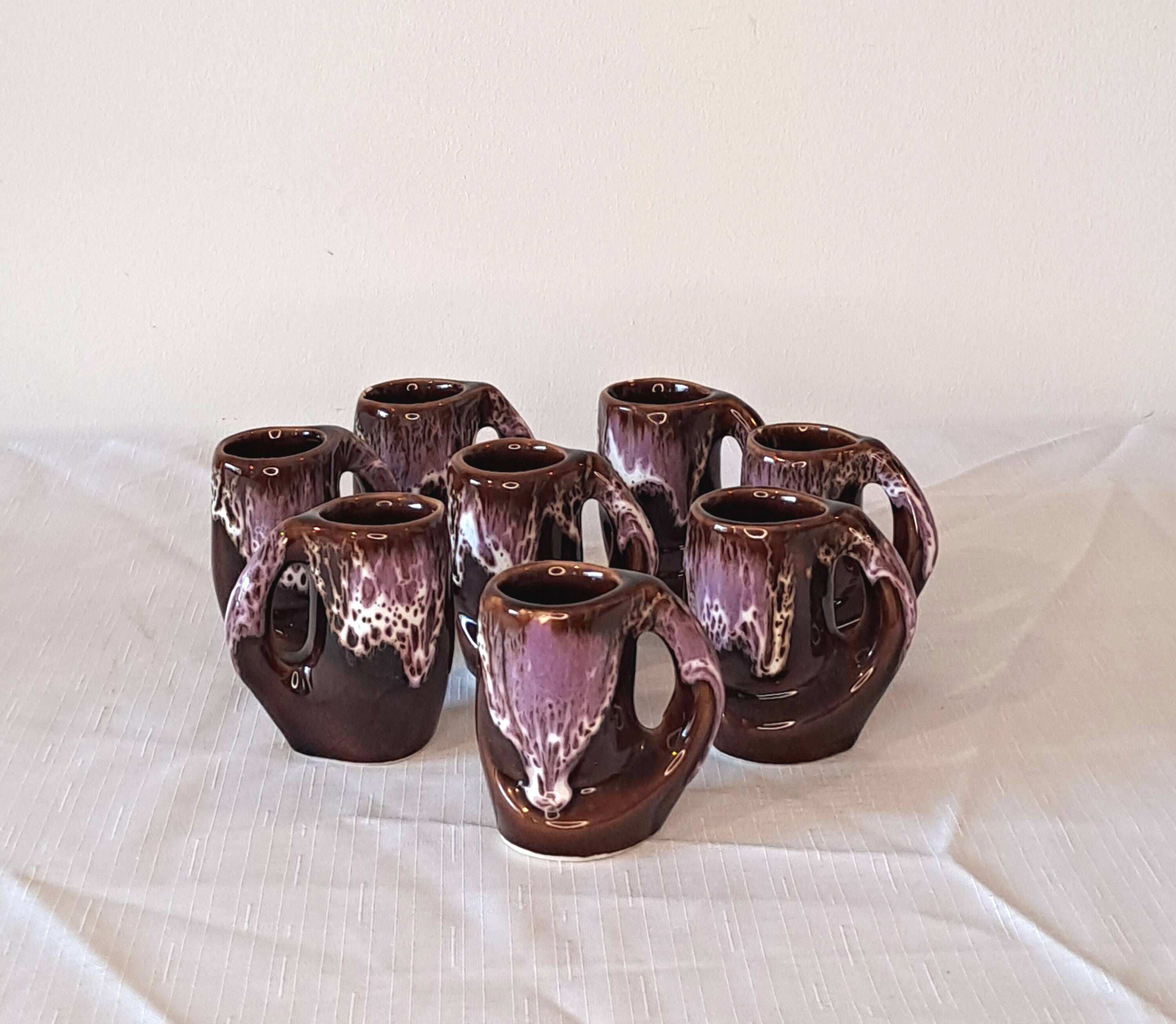 Vintage liqueur set - brown & purple glazed ceramic - 1970s
